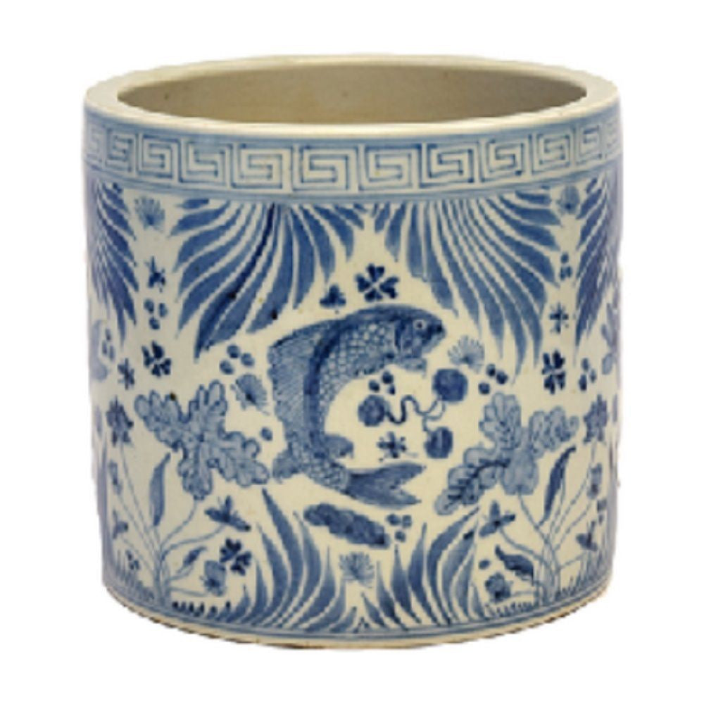 Vintage Style Blue and White Porcelain Fish Motif Flower Pot 7"