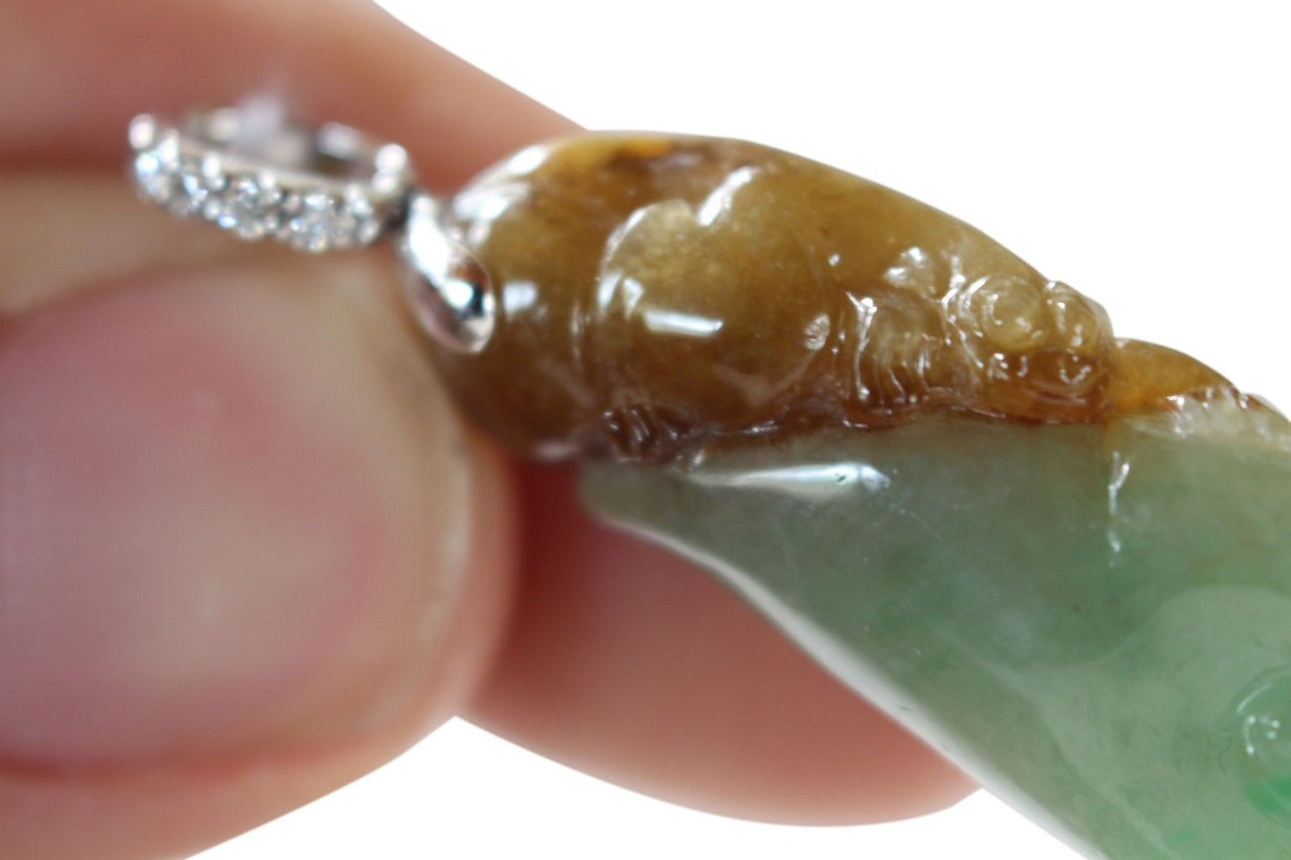 Beautiful Tri Color Authentic Grade A Jadeite Squirrel Pendant 18K Gold .05ct di