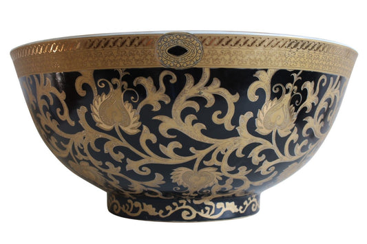Chinese Black and Gold Tapestry Motif Porcelain Bowl 12" Diameter