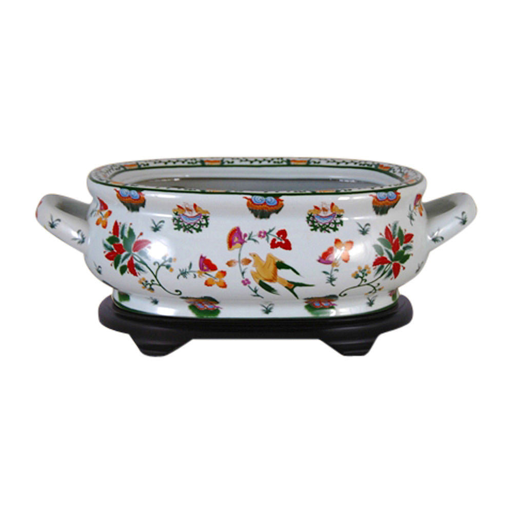 Beautiful Floral and Bird Motif Porcelain Foot Bath Flower Pot with Stand