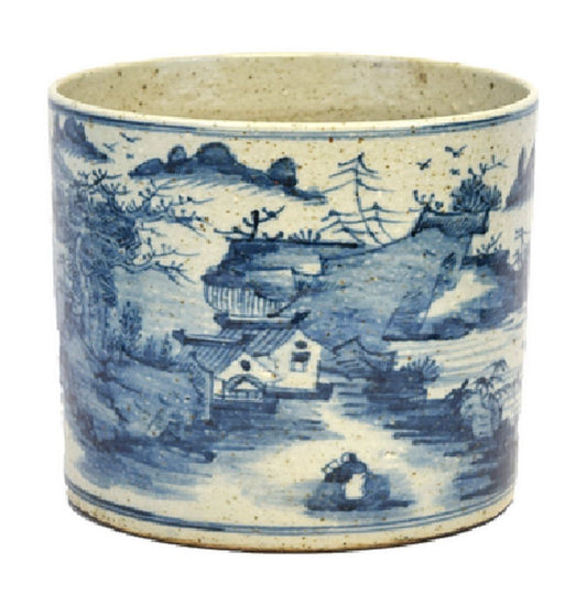 Vintage Style Blue and White Porcelain Landscape Motif Flower Pot 8"