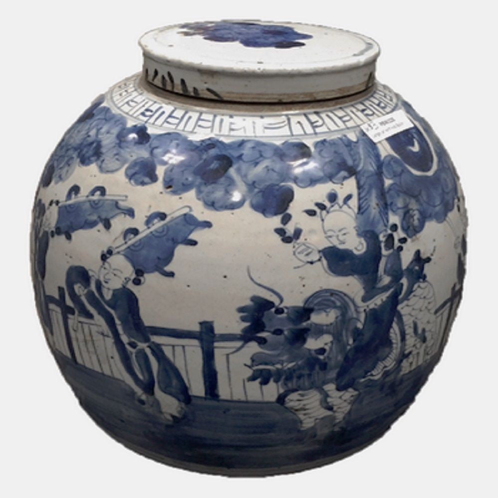 Vintage Style Blue and White Porcelain Lidded Ginger Jar Kids Qilin Motif 11"