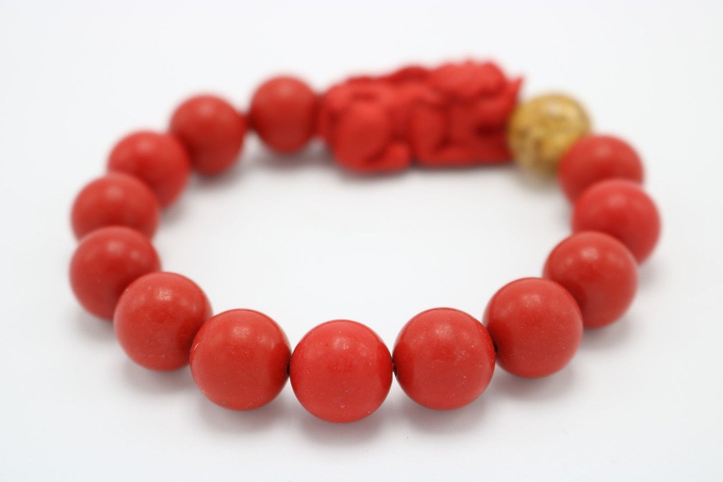 Beautiful Cinnabar Red Colored Wooden Bracelet Foo Dog Gold Ball Bead