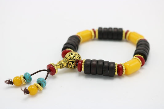 Stone and Wood Beaded Bracelet Gold Color Gourd Yellow Red Black Turqoise