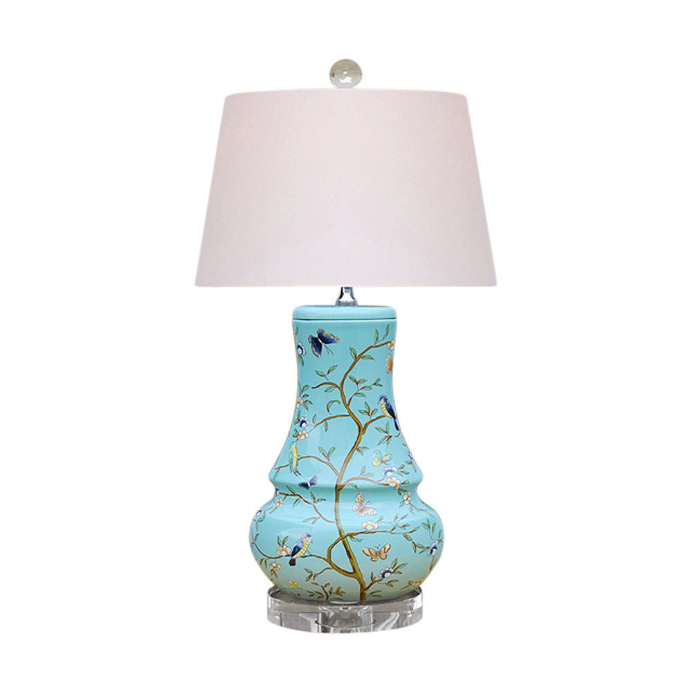 Cute Sea Foam Green Bird Motif Porcelain Vase Table Lamp 23"