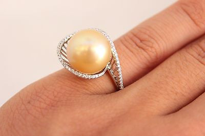 South Sea Gold Pearl 13.1MM 0.21ct Diamonds 18K White Gold Ring SZ 7