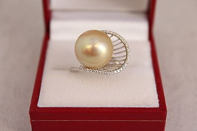 South Sea Gold Pearl 13.1MM 0.21ct Diamonds 18K White Gold Ring SZ 7