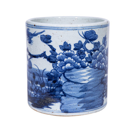 Blue and White Orchid Pot Bird Floral Motif