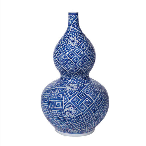 Porcelain Blue & White Greek Key Gourd Vase