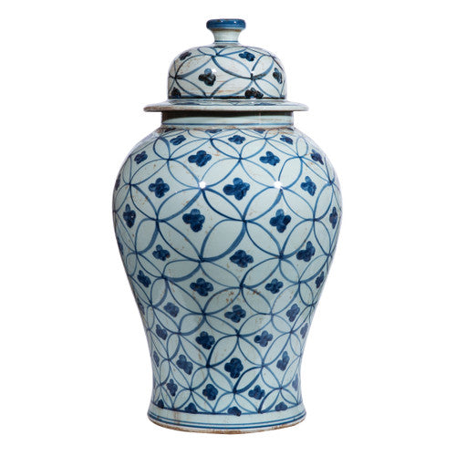 Blue & White Porcelain Coin Flower Temple Jar 18"
