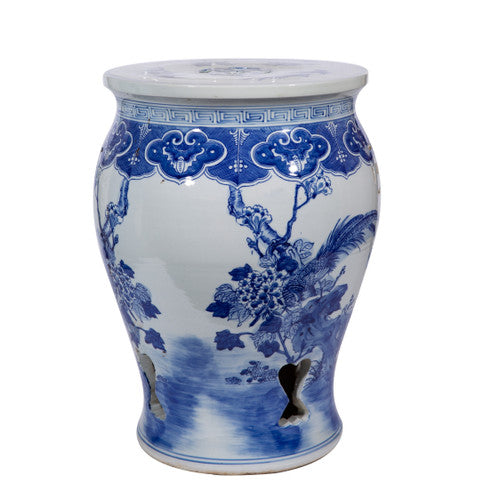 Blue and White Porcelain Bird Floral Drum Garden Stool