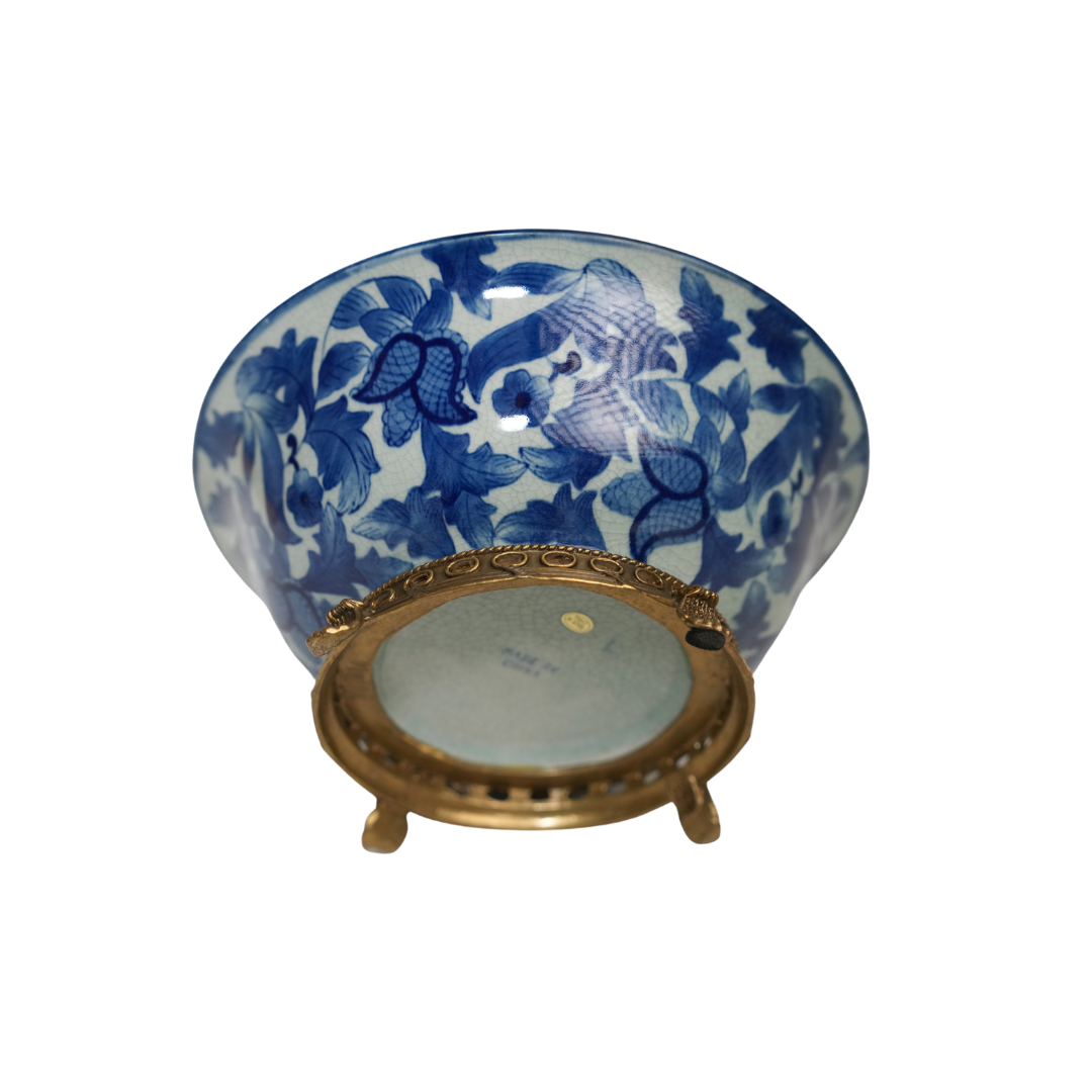 Blue and White Vintage Style Porcelain Bowl with Ormolu 10" Diameter
