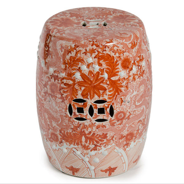 Orange and White Dragon Theme Porcelain Garden Stool 17"