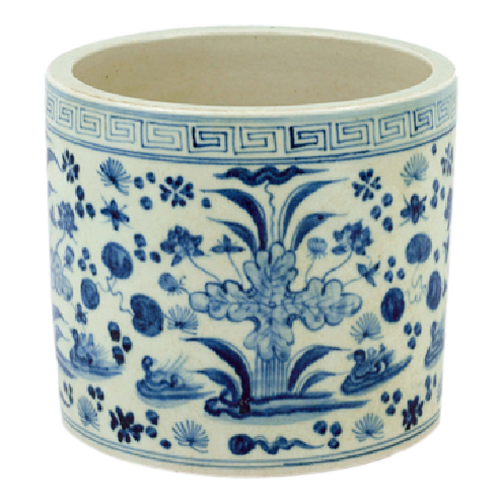 Vintage Style Blue and White Porcelain Floral Motif Flower Pot 7"