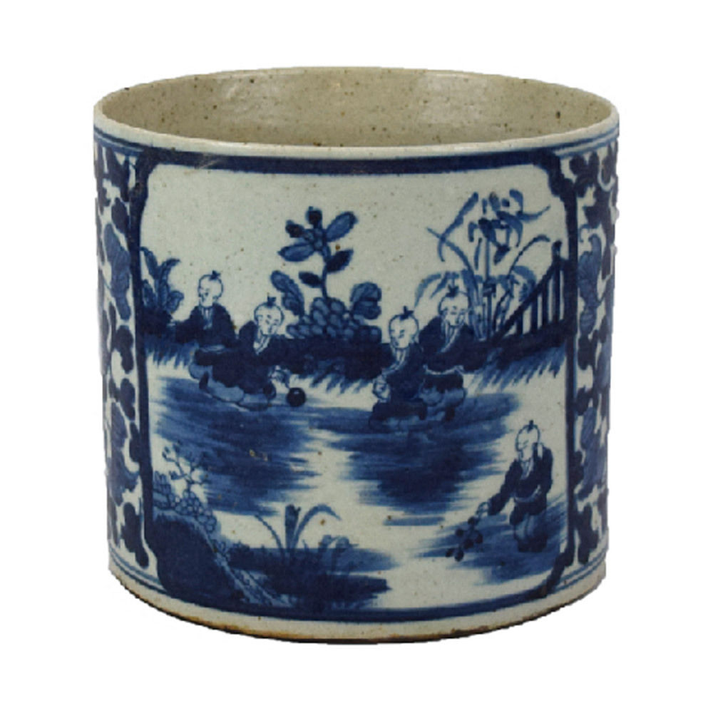 Vintage Style Reverse Blue and White Porcelain Kids Motif Flower Pot 8"