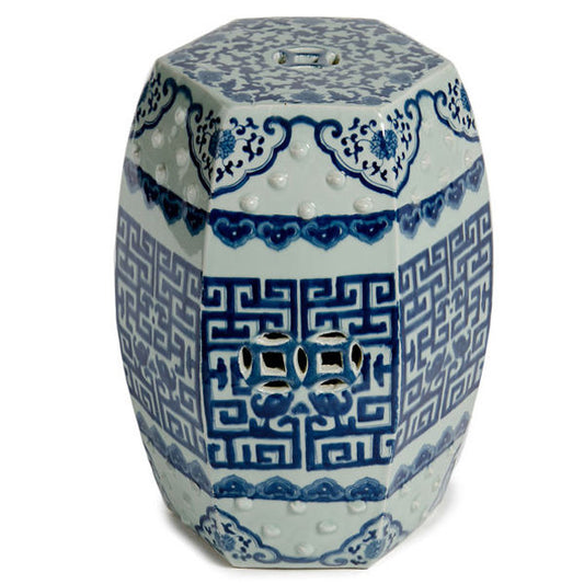 Blue and White Hexagonal Geometric Porcelain Garden Stool 19"