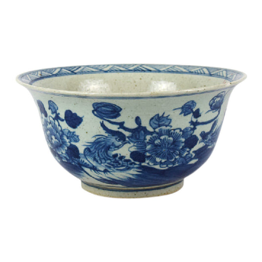 Blue and White Porcelain Bird Motif Bowl 12.5" Diameter