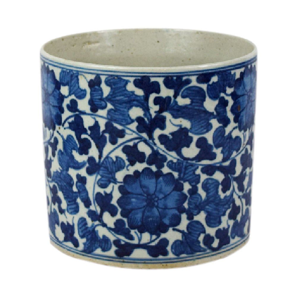 Vintage Style Reverse Blue and White Porcelain Floral Motif Flower Pot 8"
