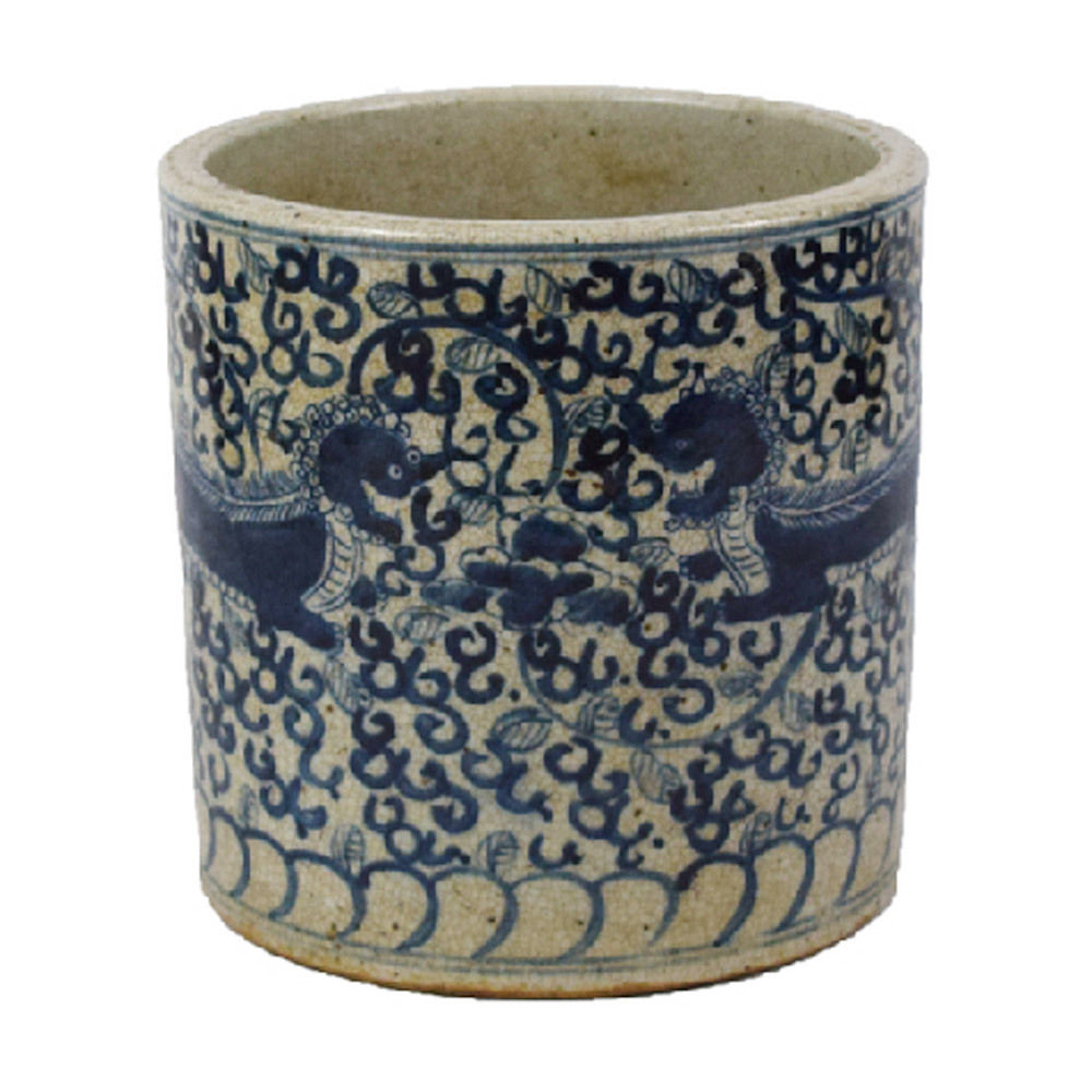 Vintage Style Reverse Blue and White Porcelain Foo Dog Motif Flower Pot 8"