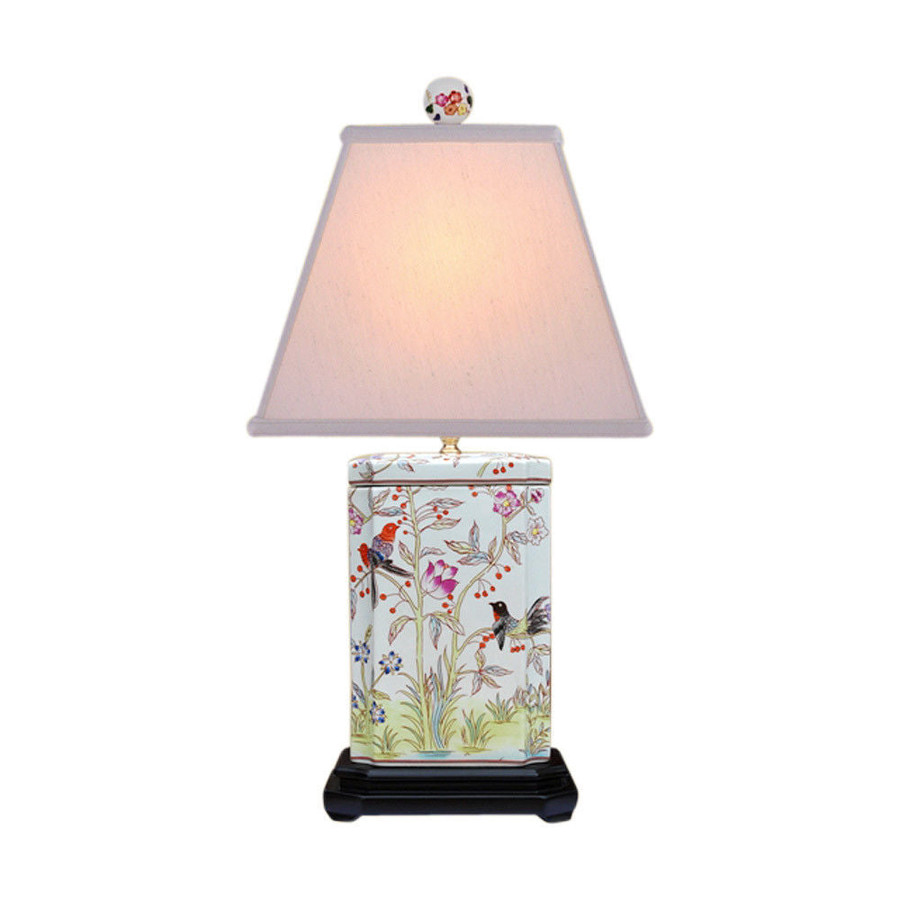 Beautiful Floral and Bird Chinese Porcelain Square Box Table Lamp 25"
