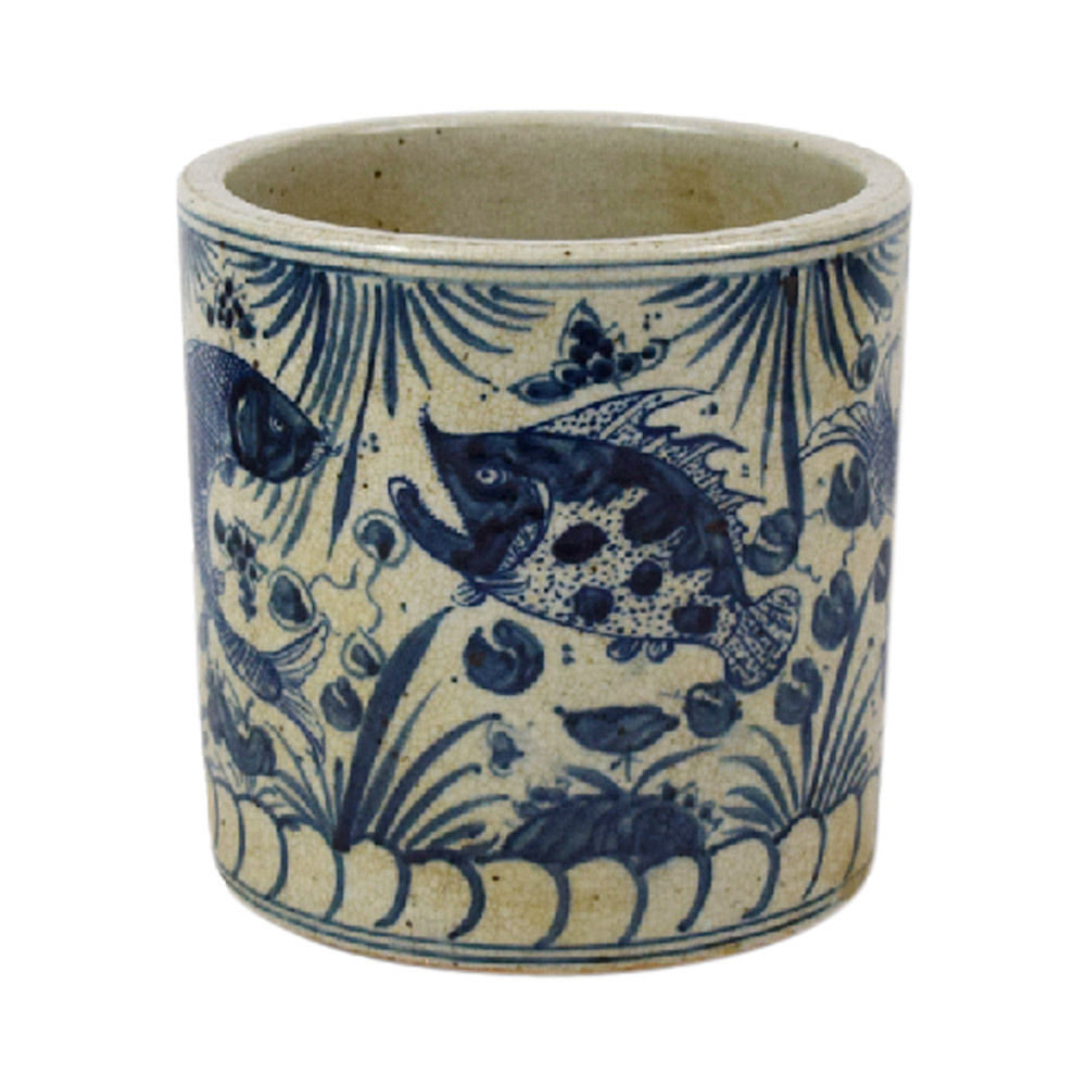 Vintage Style Reverse Blue and White Porcelain Fish Motif Flower Pot 8"
