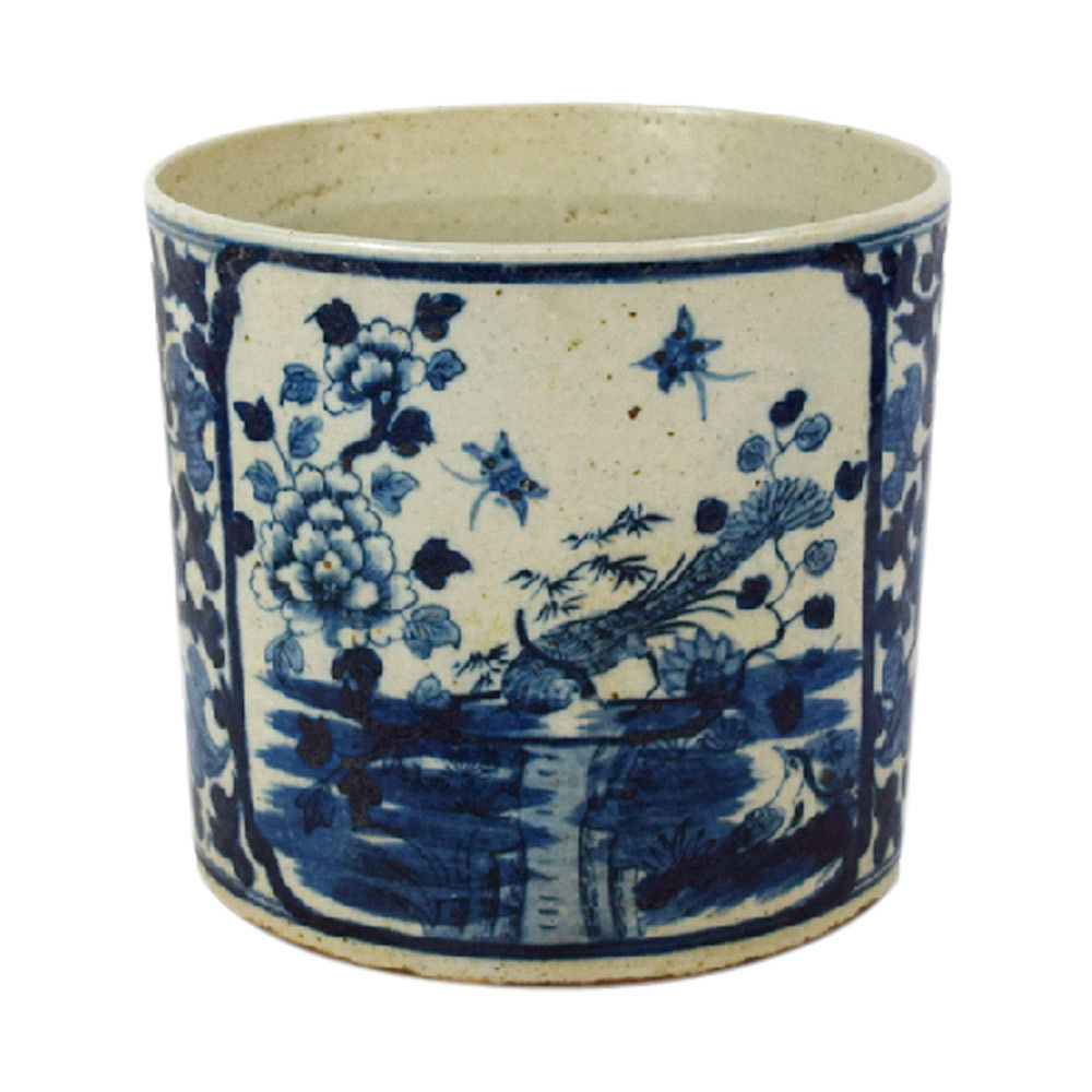 Vintage Style Reverse Blue and White Porcelain Floral Bird Motif Flower Pot 8"