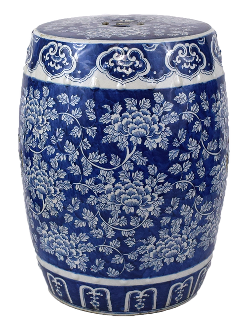 Blue and White Floral Motif Porcelain Garden Stool