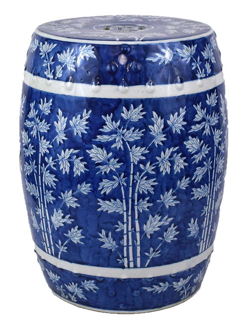 Blue and White Bamboo Style Porcelain Zen Garden Stool 18"
