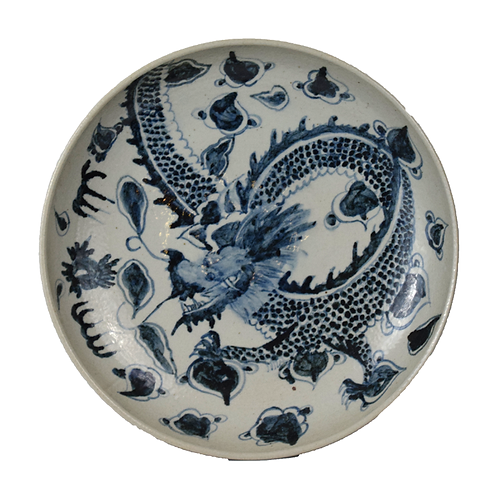 Large Beautiful Blue and White Dragon Motif Porcelain Plate 18.5" Diameter
