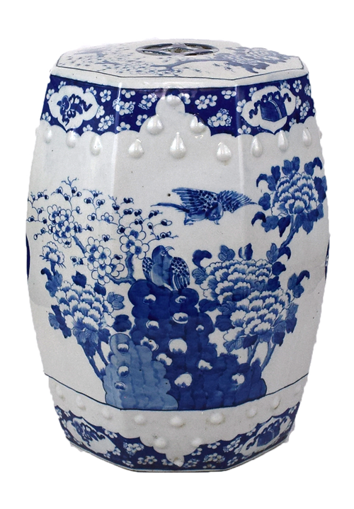 Blue and White Hexagonal Shape Porcelain Garden Stool 18"