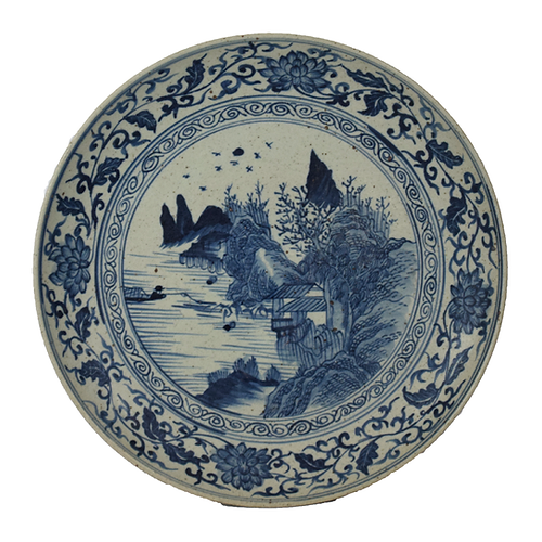 Vintage Style Blue and White Landscape Style Porcelain Decorative Plate 17" Diameter