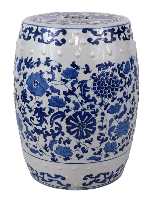 Blue and White Floral Motif Porcelain Garden Stool 18"