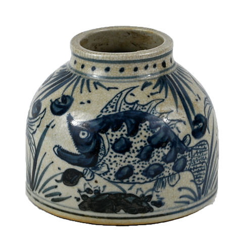Vintage Style Blue and White Porcelain Open Top Mini Jar Fish Motif
