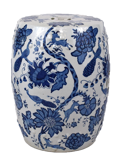Blue and White Floral Motif Porcelain Garden Stool 18"