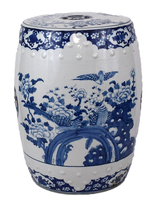 Blue and White Flroral Bird Motif Porcelain Garden Stool 18"