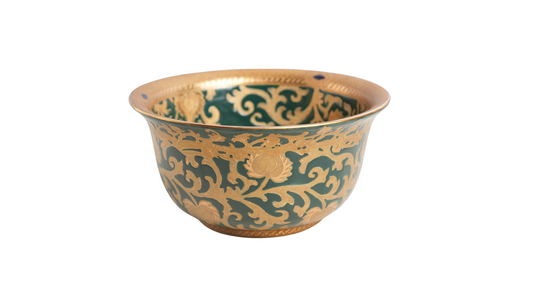 Green and Gold Tapestry Porcelain Lipped Bowl 10" Diameter