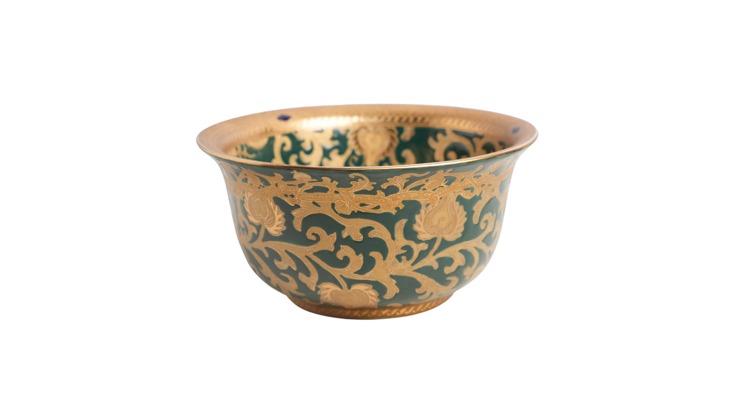 Green and Gold Tapestry Porcelain Lipped Bowl 10" Diameter