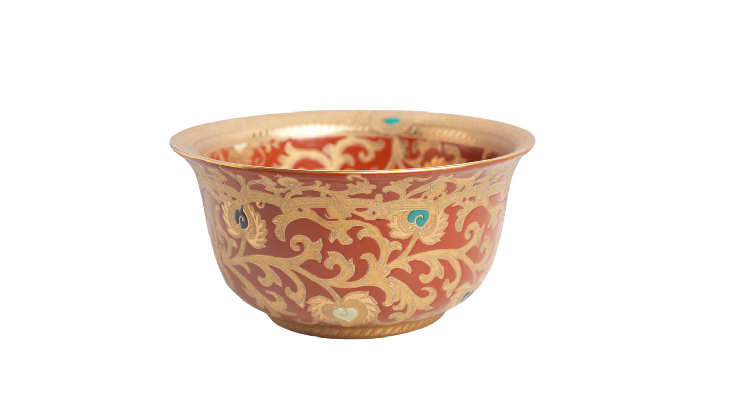 Red and Gold Tapestry Porcelain Lipped Bowl 10" Diameter
