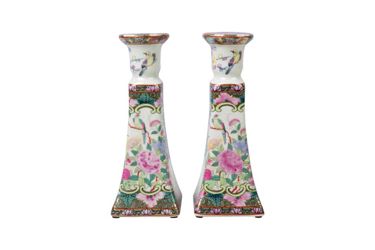 Pair of Rose Medallion Porcelain Candlestick Holder 9"