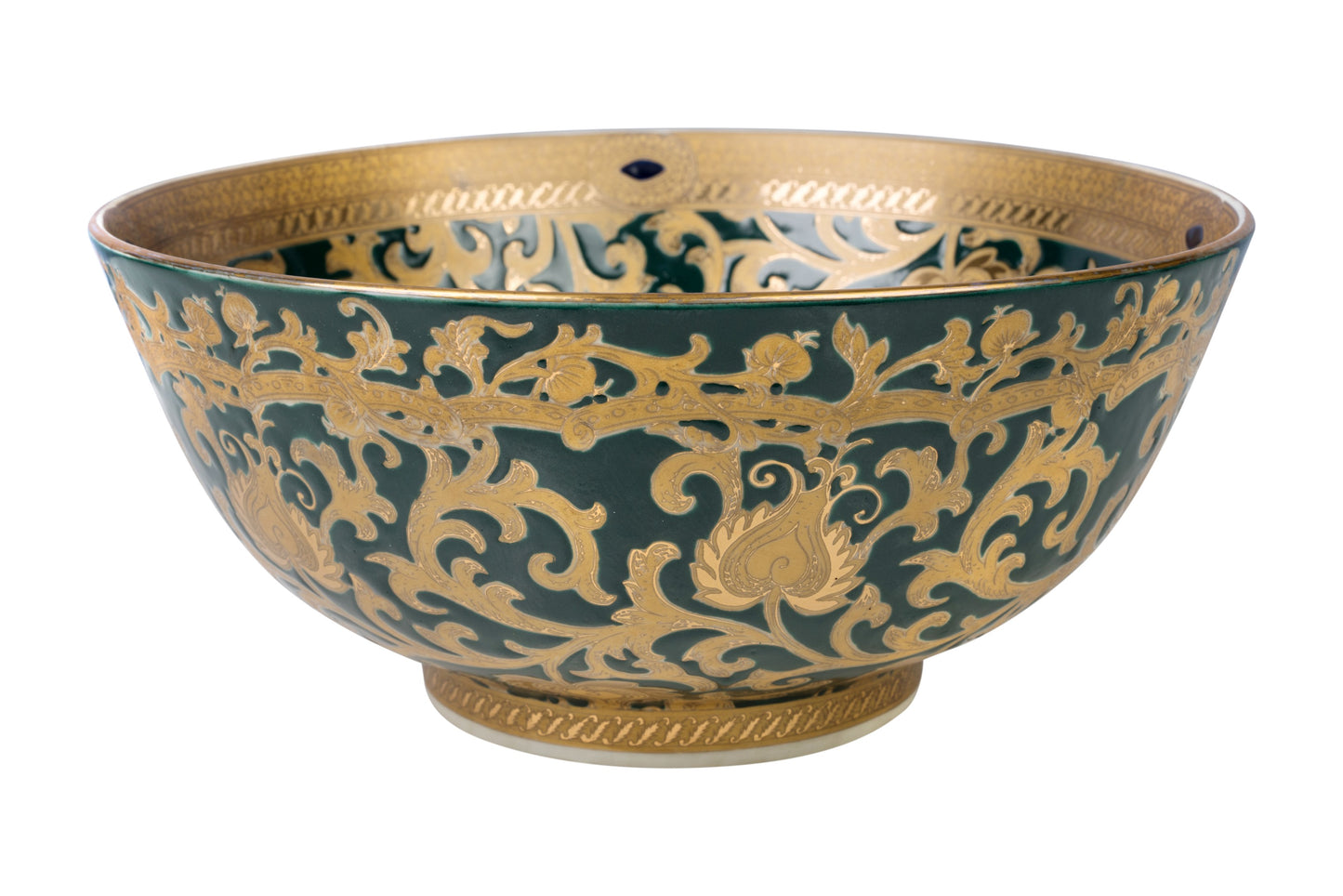 Green and Gold Tapestry Porcelain Bowl 12" Diameter