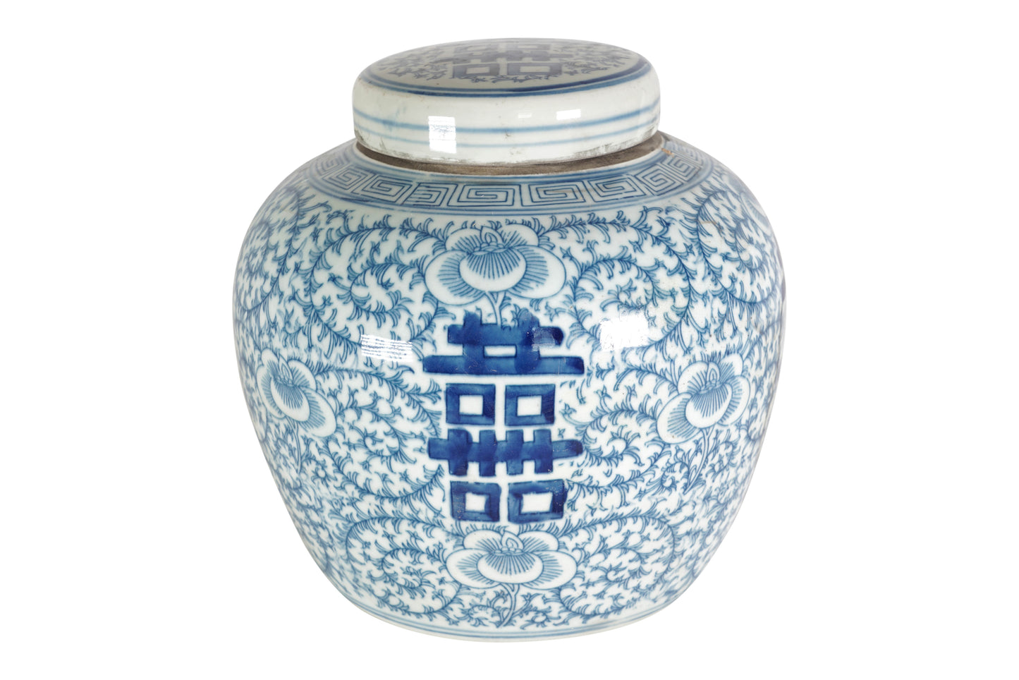 Blue and White Porcelain Double Happiness Ginger Jar Lotus Motif 9"
