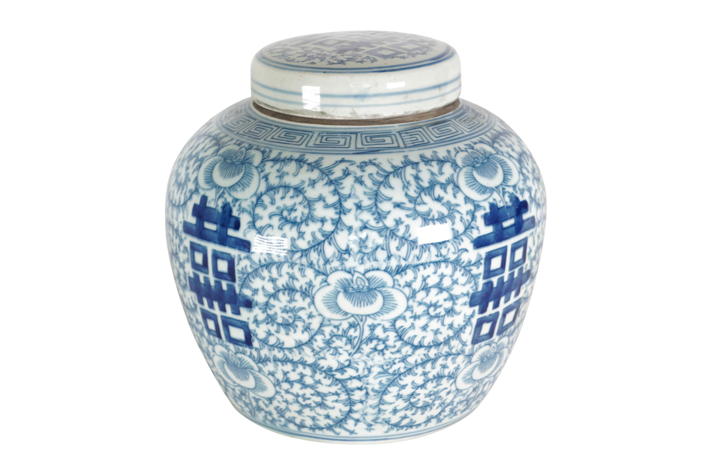 Blue and White Porcelain Double Happiness Ginger Jar Lotus Motif 9"