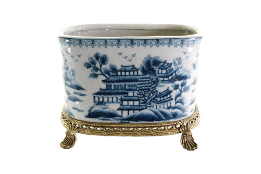 Oval Crackle Blue and White Blue Willow Porcelain Flower Pot Brass Ormolu 7.5"