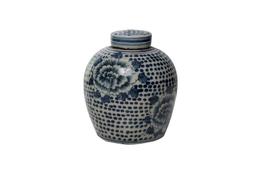 Blue and White Spotted Floral Porcelain Ginger Jar 6"
