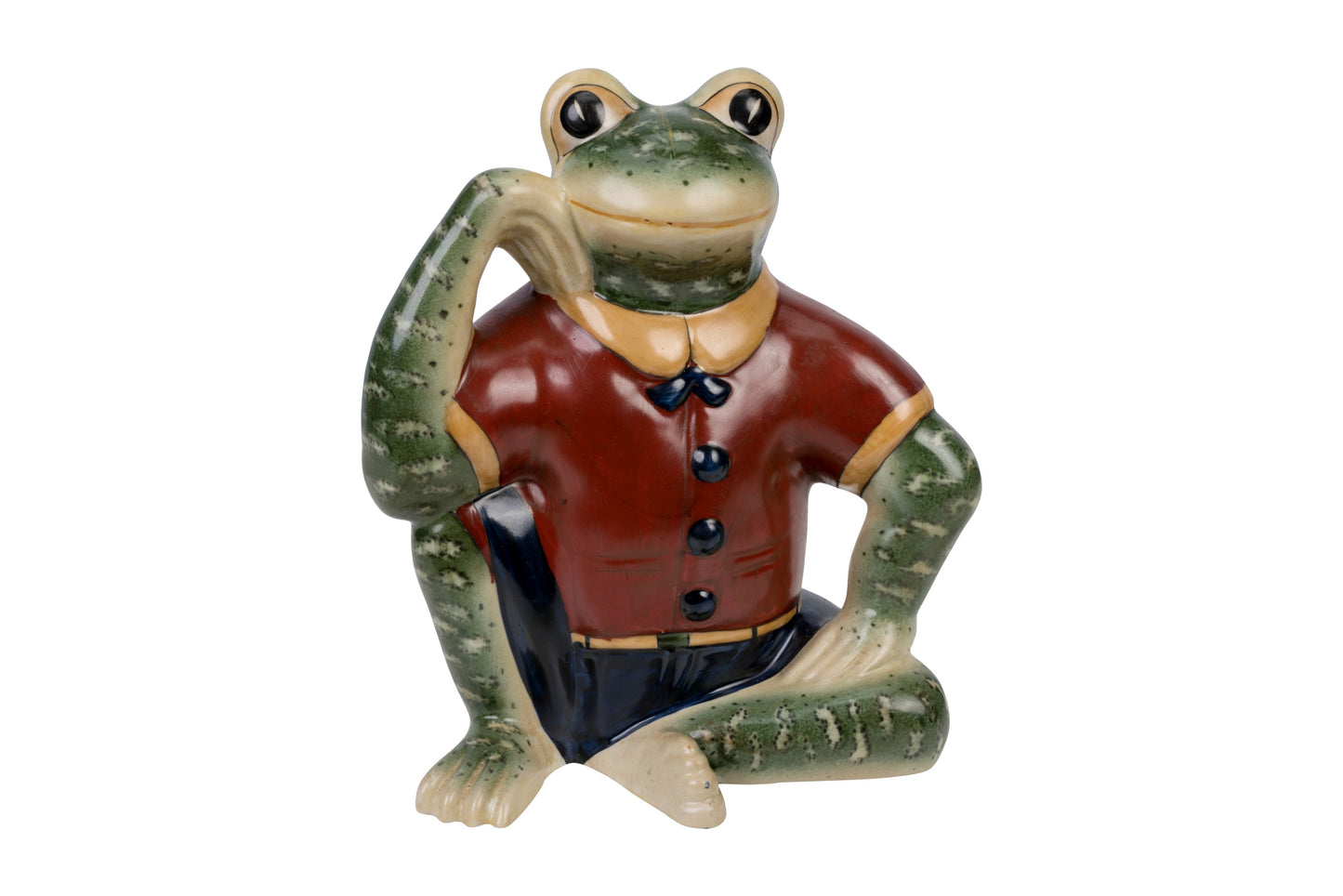 Cute Porcelain Sitting Frog Figurine In Red Jacket 10"