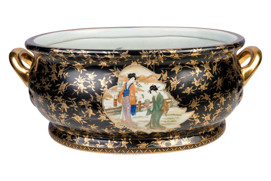 Beautiful Large Chinese Satsuma Porcelain Foot Bath w Gold Paint 22"