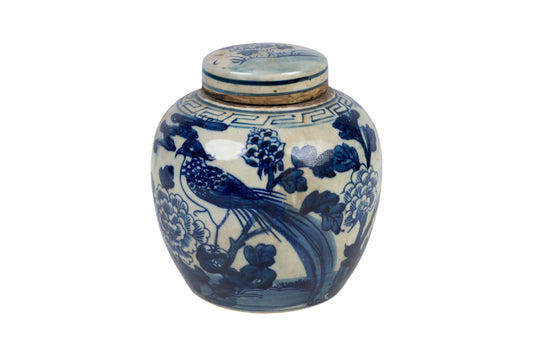 Blue and White Bird and Floral Porcelain Ginger Jar 6"
