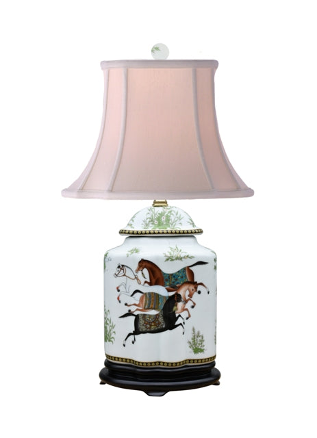 Horse Motif Porcelain Scallop Jar Table Lamp 22"