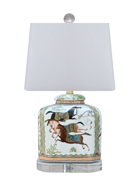 Horse Motif Square Jar Porcelain Table Lamp 19.5"