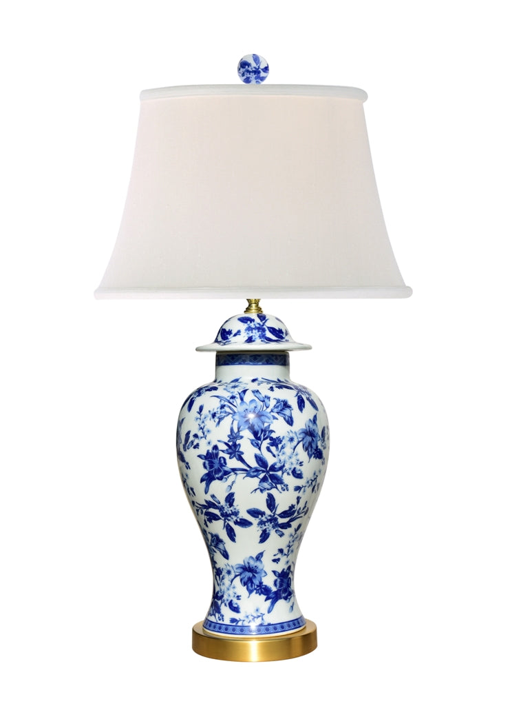 Blue and White Floral Porcelain Table Lamp Brass Base 29"